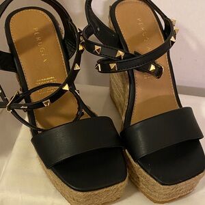 PERUGIA,Black Wedge Sandals with Gold Accents